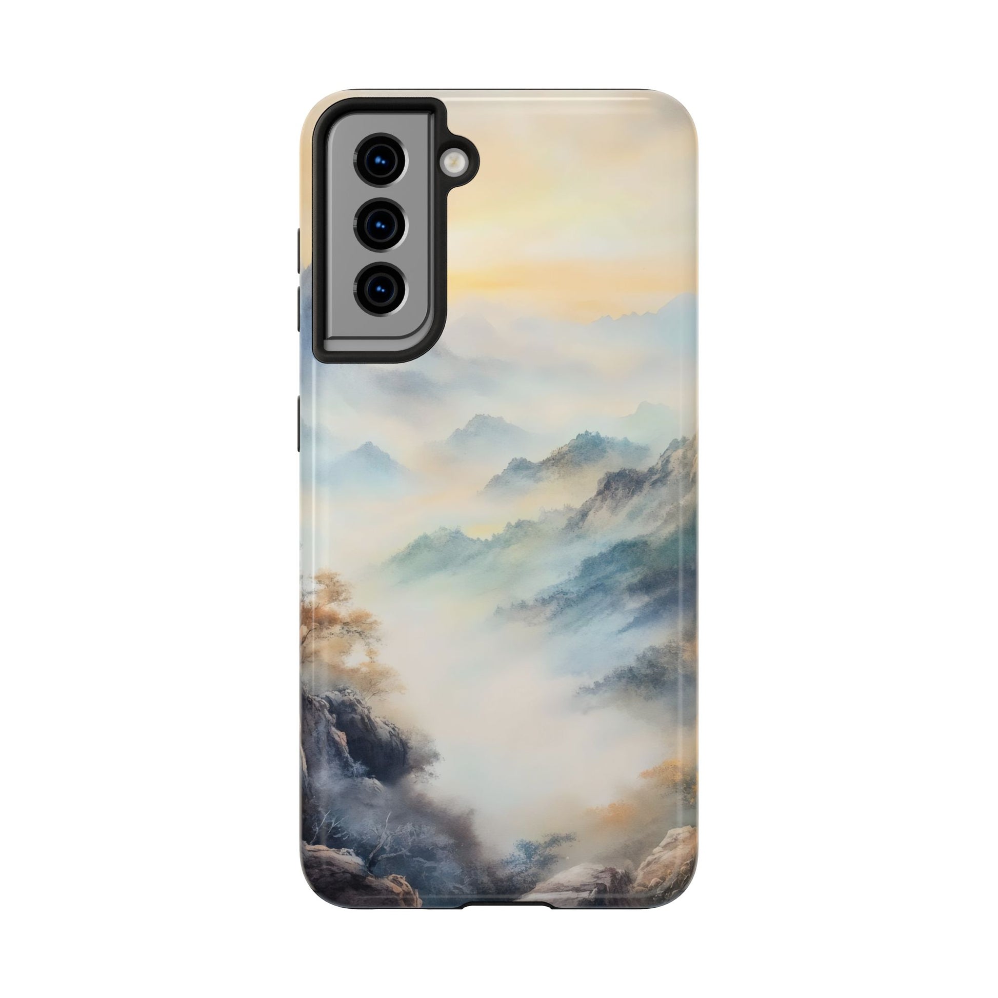 Galaxy phone case with serene misty mountain landscape, tranquil nature-inspired design