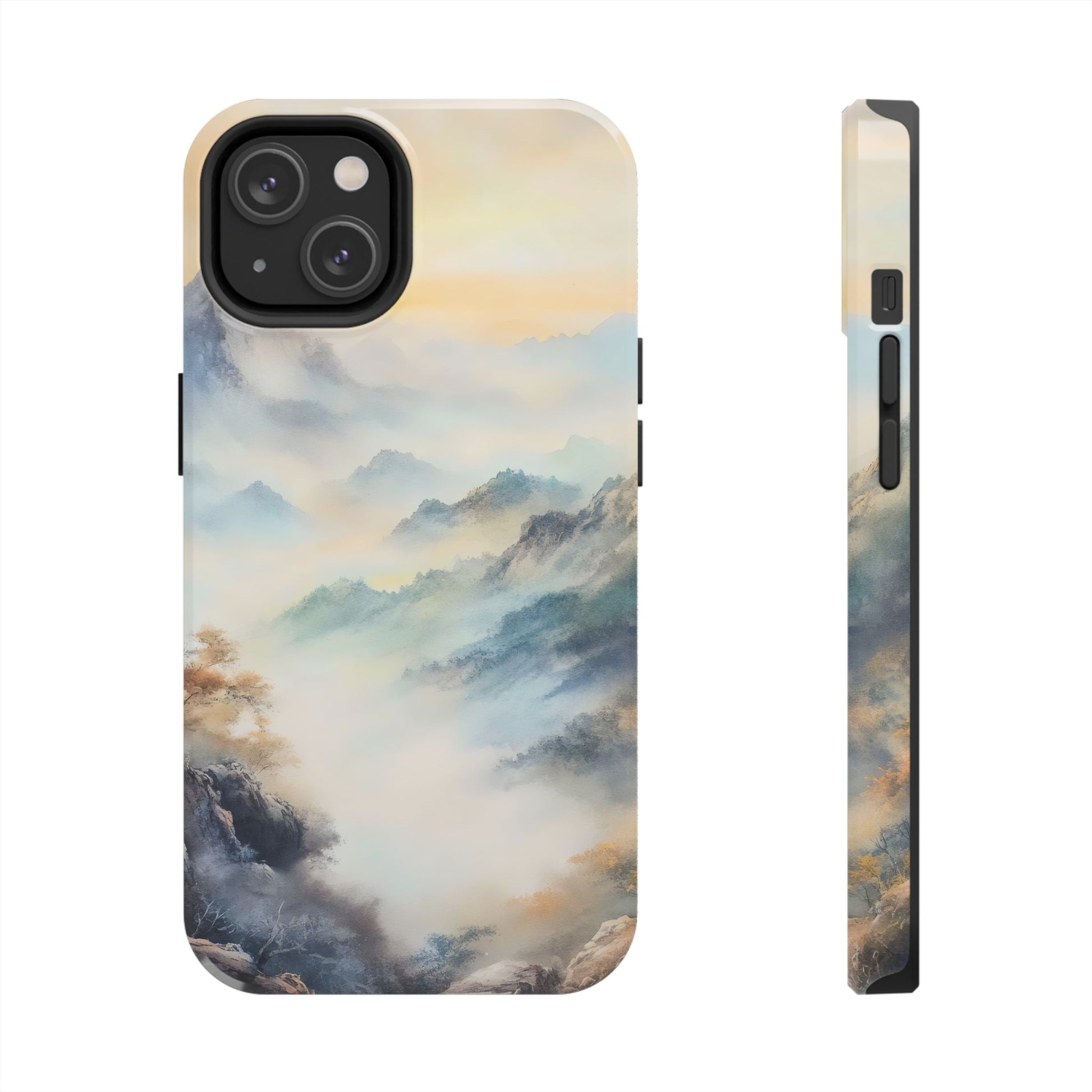 Phone case with serene mountain landscape in soft misty colors and peaceful nature scene.