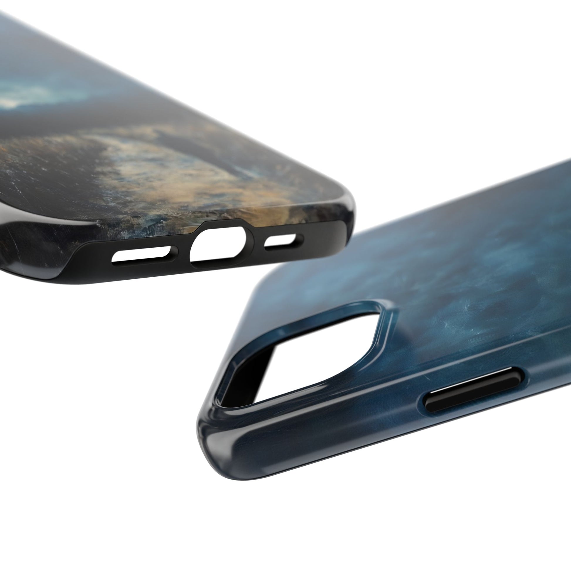 Blue and black marble phone cases with cutouts, modern faith-inspired accessory