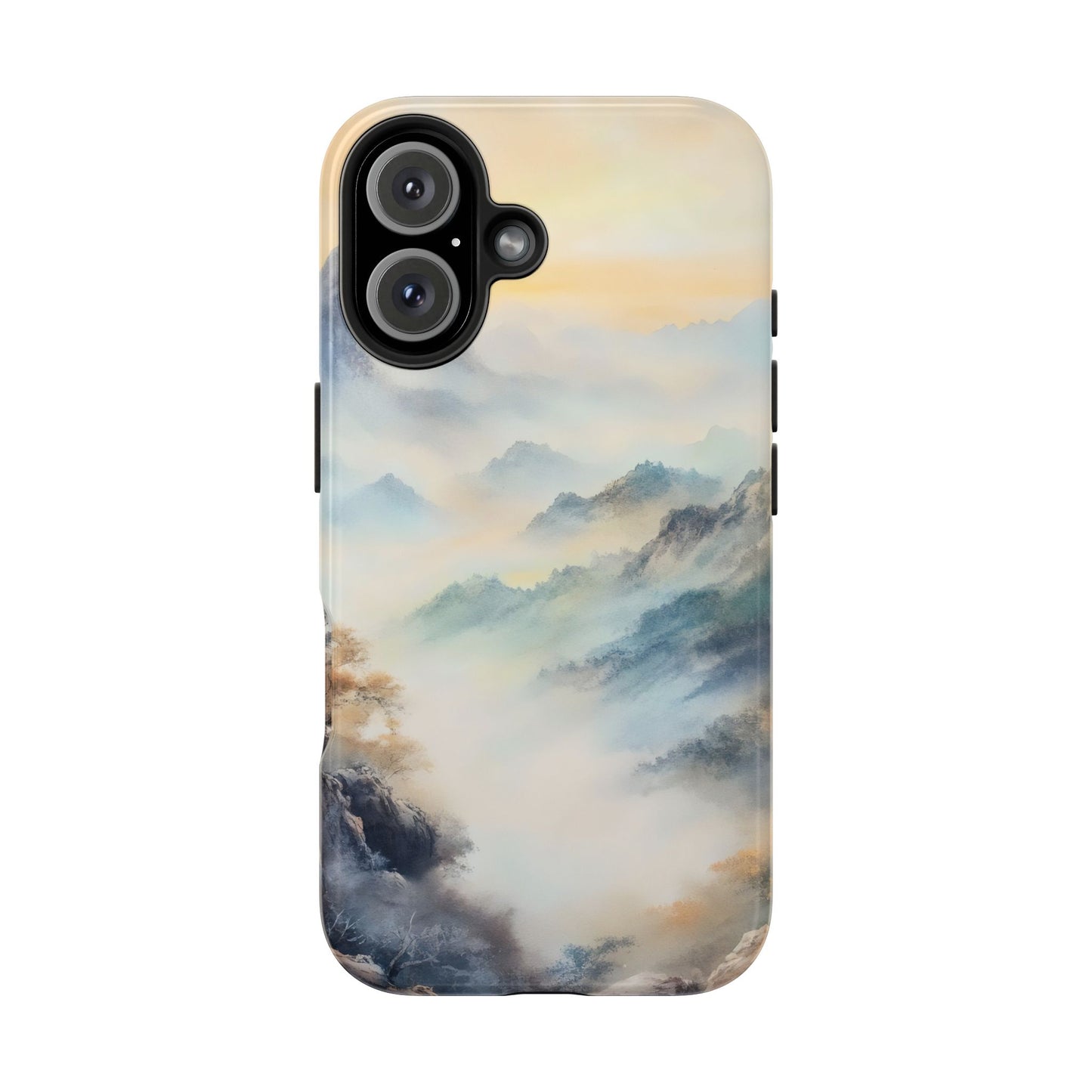 Phone case with serene misty mountain landscape watercolor design