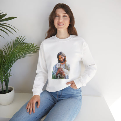 Woman in white Christian sweatshirt featuring Jesus holding a lamb, sitting near plant
