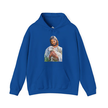 Blue hoodie featuring Christian wall art of Jesus holding a lamb.