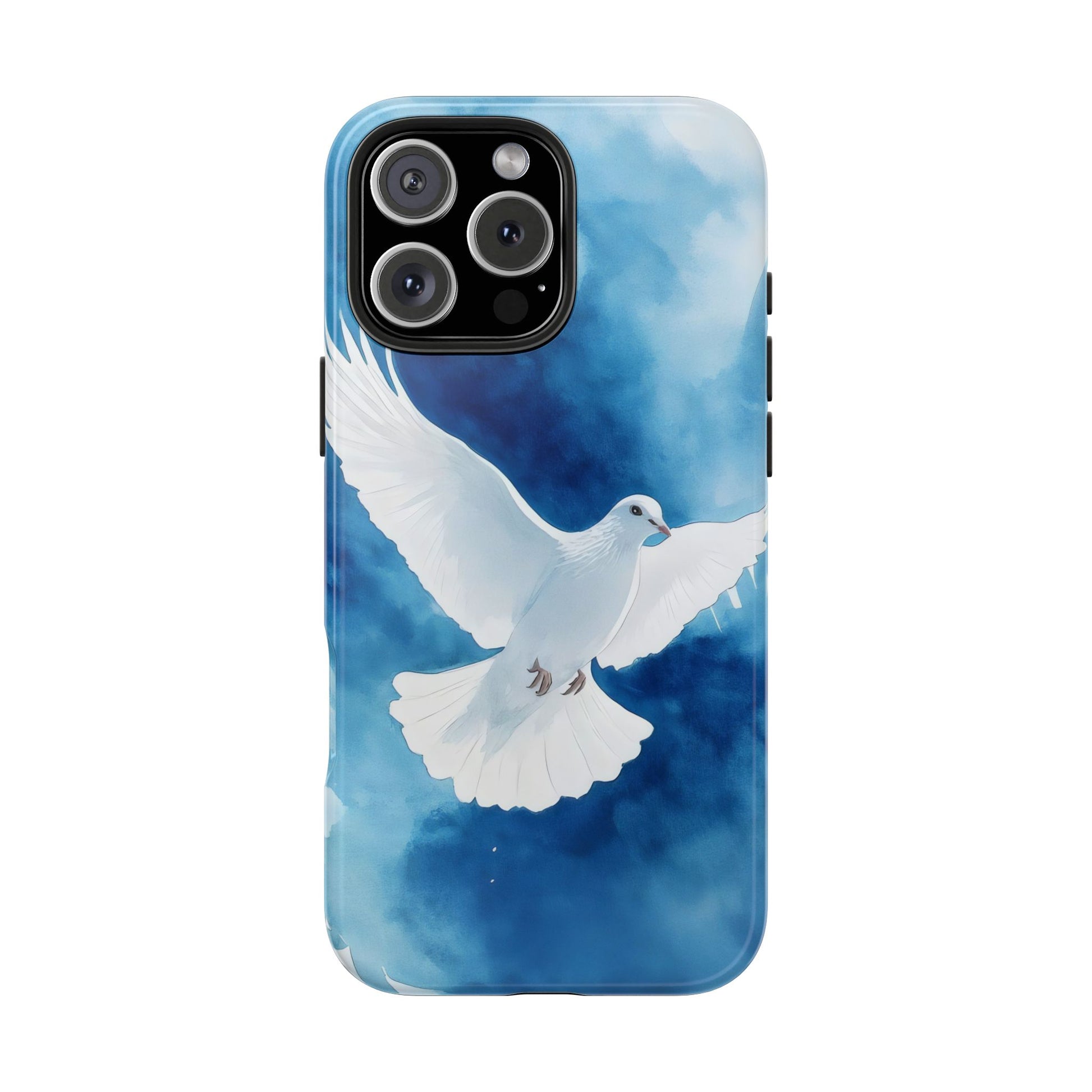iPhone case with white dove illustration on blue watercolor background, spiritual phone accessory