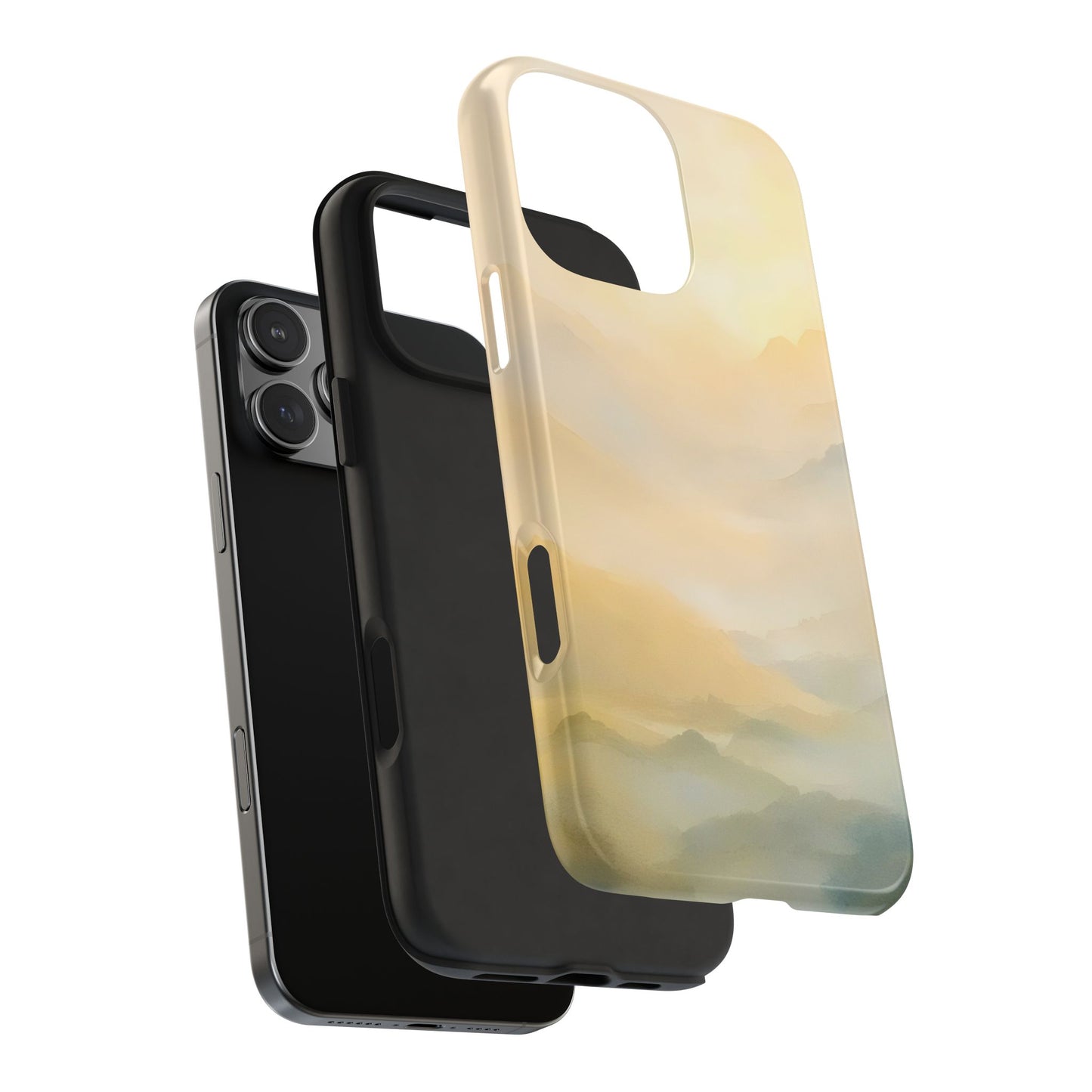 iPhone case with serene pastel mountain design beside plain black case