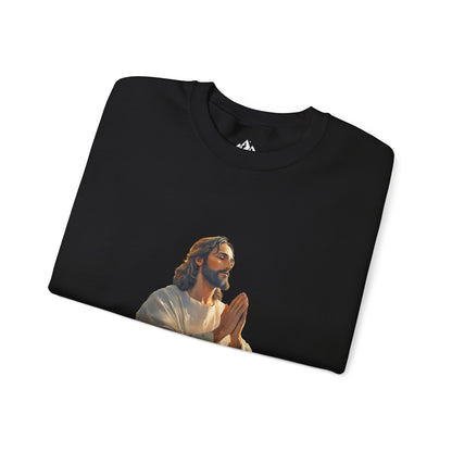 Black Christian t-shirt with praying Jesus graphic, spiritual faith-themed apparel