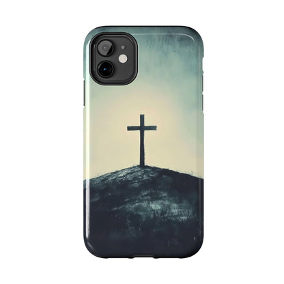 Christian phone case with a cross on a hill and a serene, inspirational background
