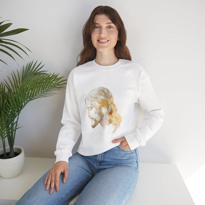Woman wearing white sweatshirt with artistic Jesus face print, casual Christian apparel