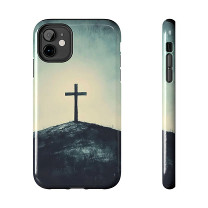 Christian cross hill minimalist phone case with serene sunrise background