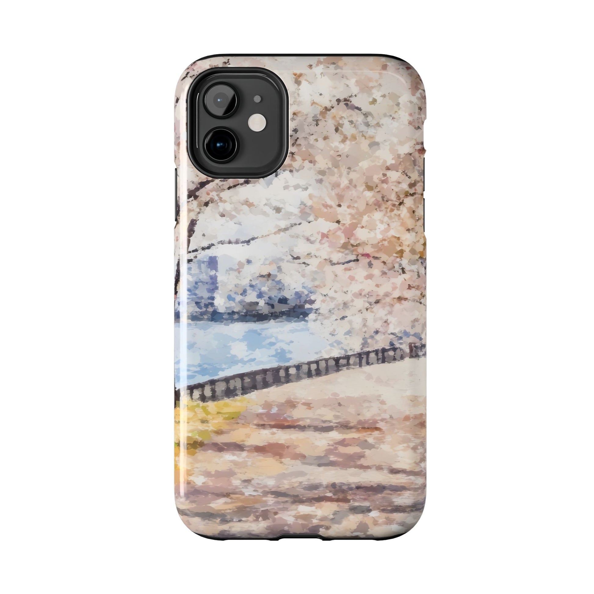 Phone case with serene watercolor cherry blossom tree and riverside path design