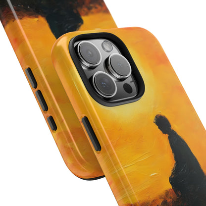 Phone case with silhouette of person meditating on a sunset-inspired yellow background