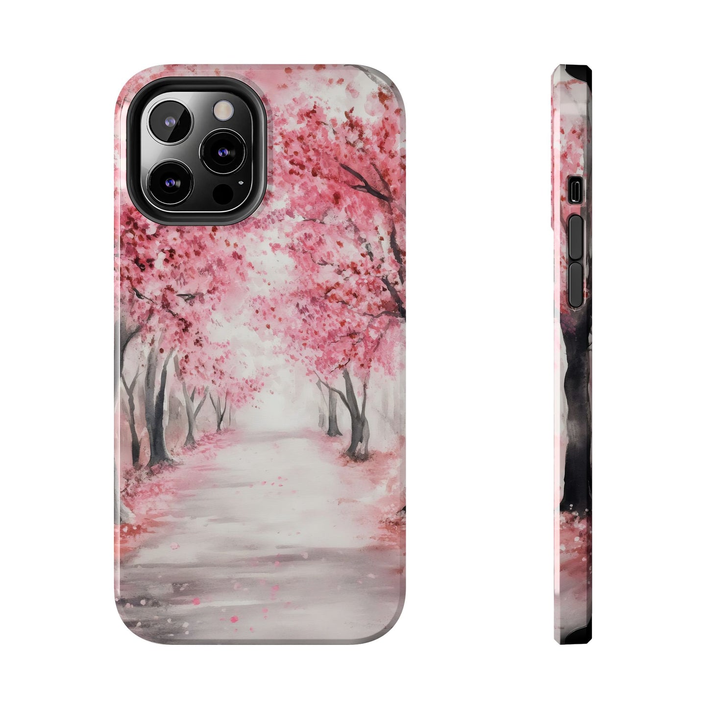 Phone case with pink cherry blossom trees and peaceful misty path watercolor design