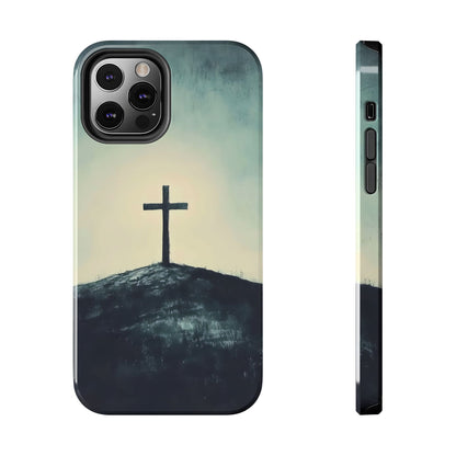 Christian cross on a hill minimalist phone case, faith-inspired spiritual art design