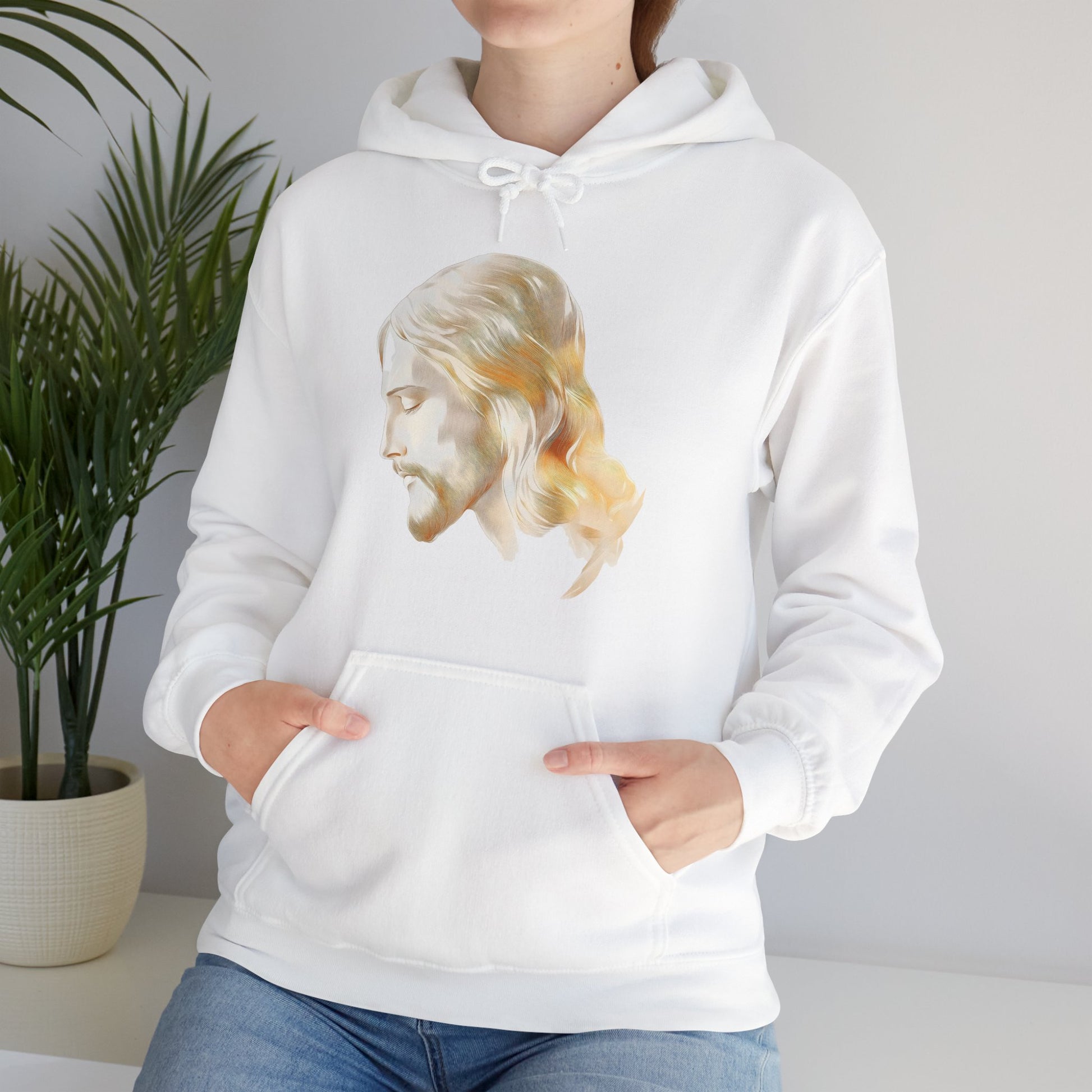 Woman wearing white hoodie with watercolor Jesus portrait, Christian wall art style