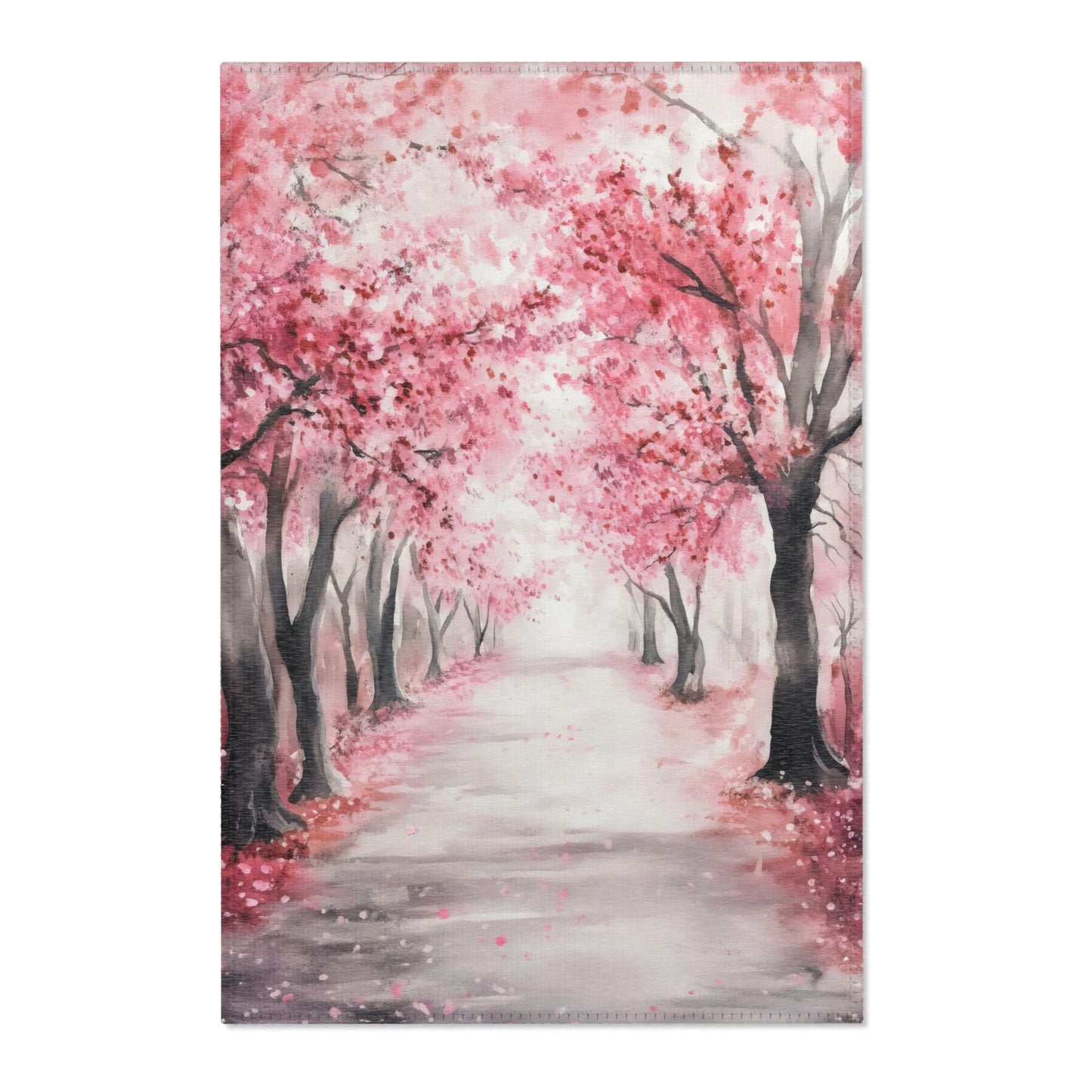 Watercolor wall art of serene path lined with pink cherry blossom trees, tranquil Christian decor