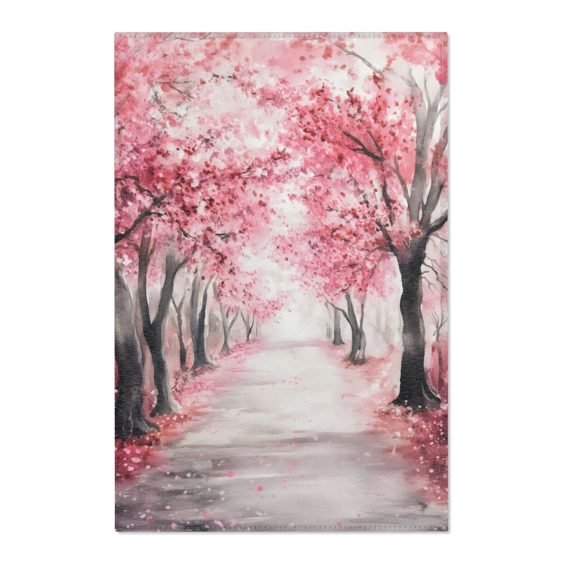 Watercolor wall art of serene path lined with pink cherry blossom trees, tranquil Christian decor