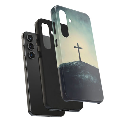 Christian cross hill design on phone case, faith-inspired spiritual smartphone accessory
