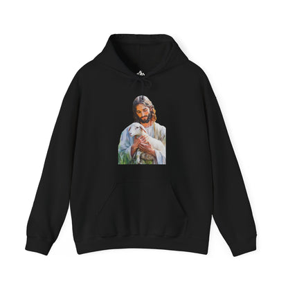 Black Christian hoodie featuring Jesus holding a lamb, faith-inspired graphic apparel