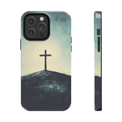 Christian phone case with a cross on a hill, faith-inspired minimalist art design
