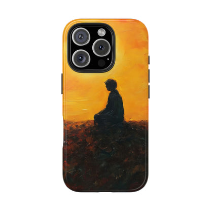 Phone case with silhouette of person meditating at sunset, spiritual art design