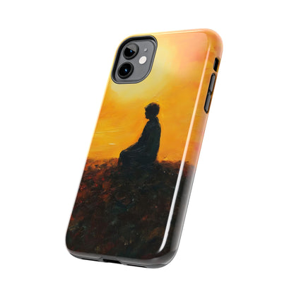 Phone case with silhouette of person meditating at sunset, spiritual inspirational art