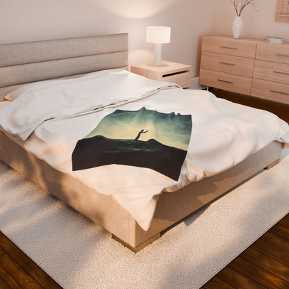 Cross on Hill Velveteen Plush Blanket — blanket in a bedroom lifestyle setting