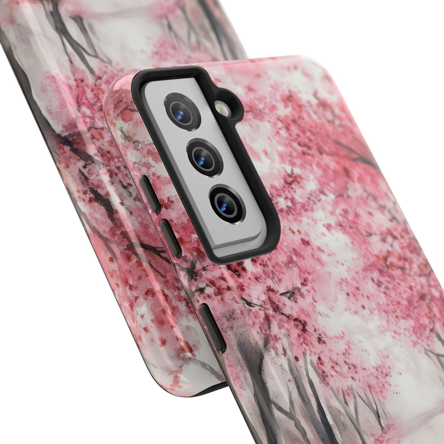 Pink cherry blossom phone case with watercolor tree design, spring floral smartphone cover