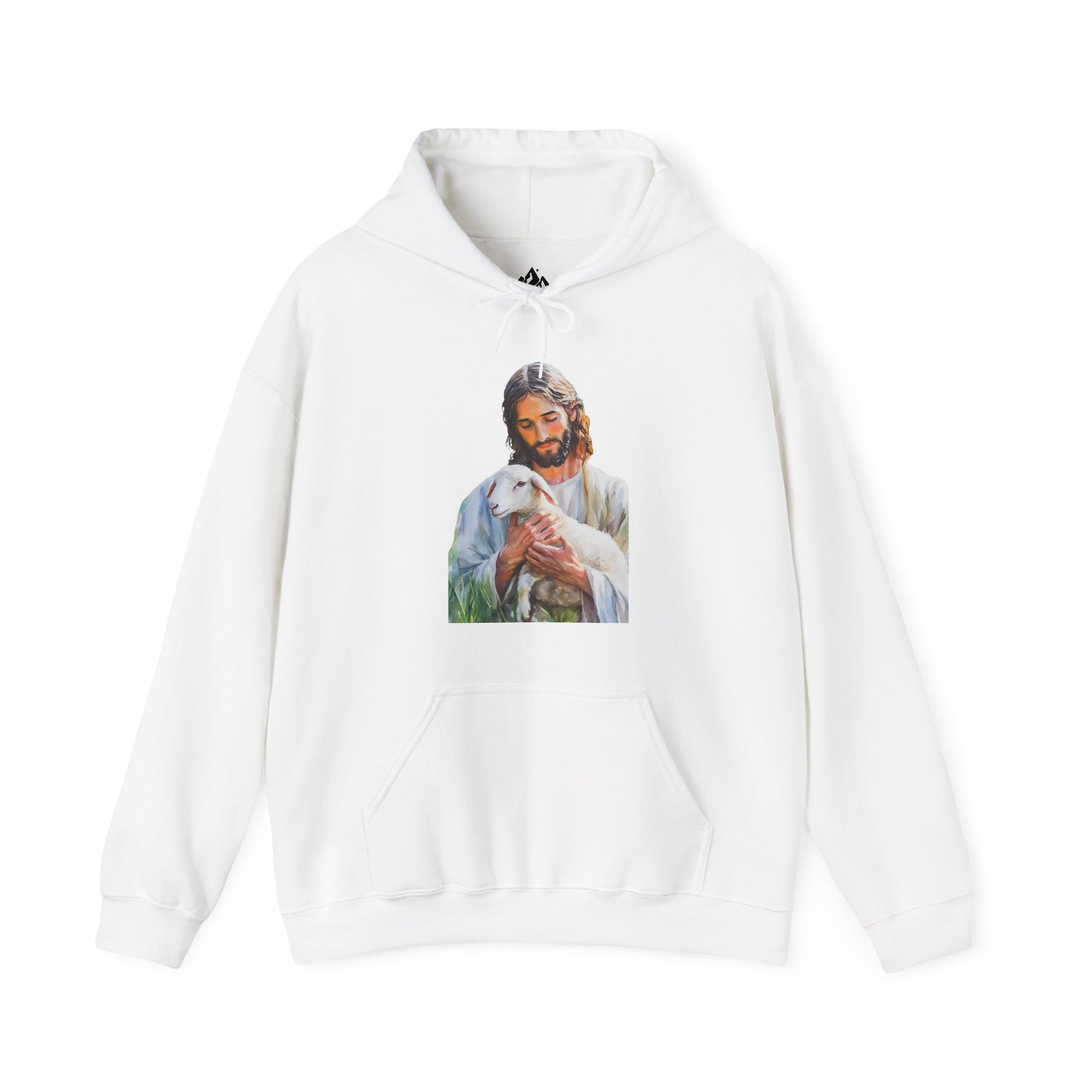 White Christian hoodie featuring artwork of Jesus gently holding a lamb, faith-inspired apparel