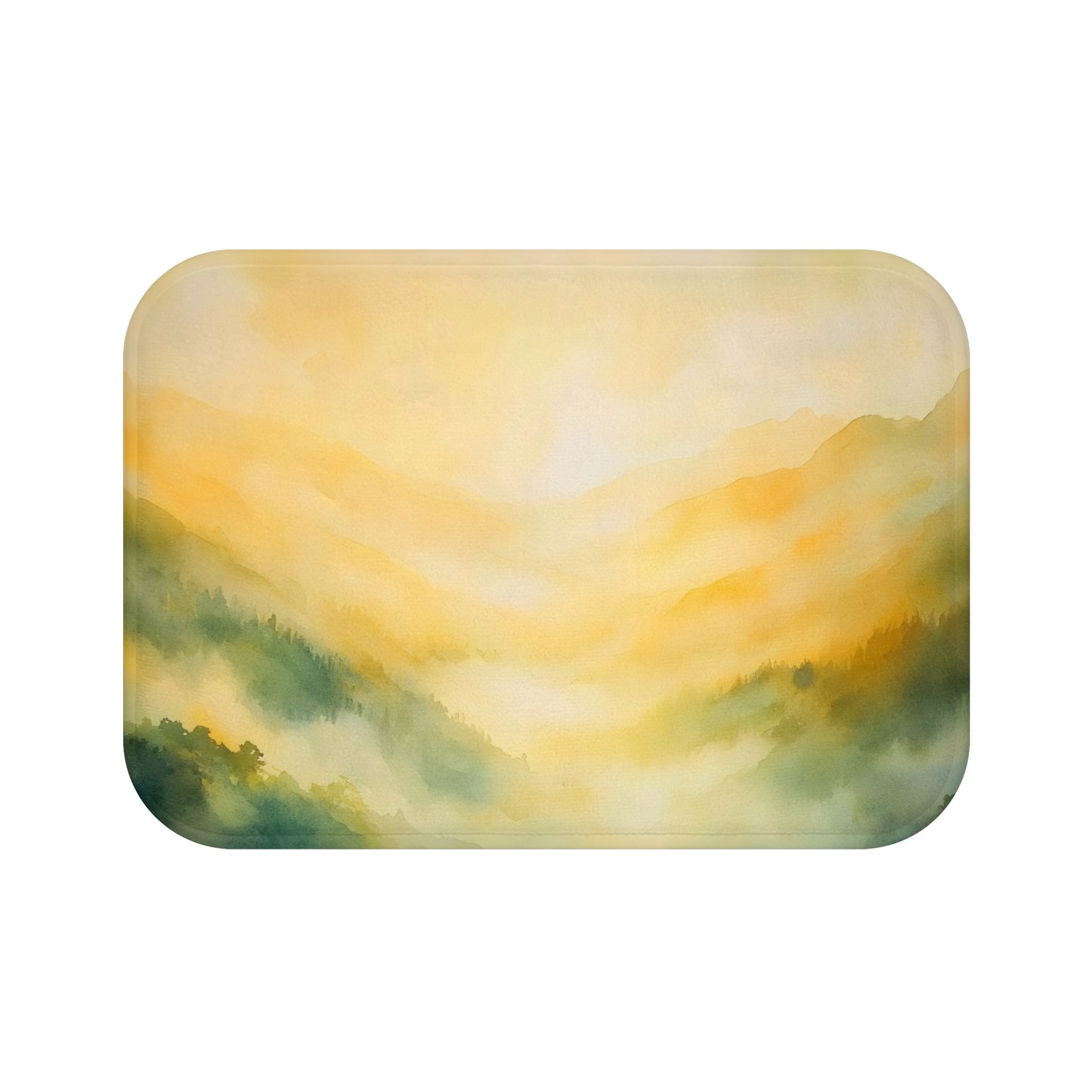 Watercolor landscape bath mat featuring misty mountains in yellow and green hues