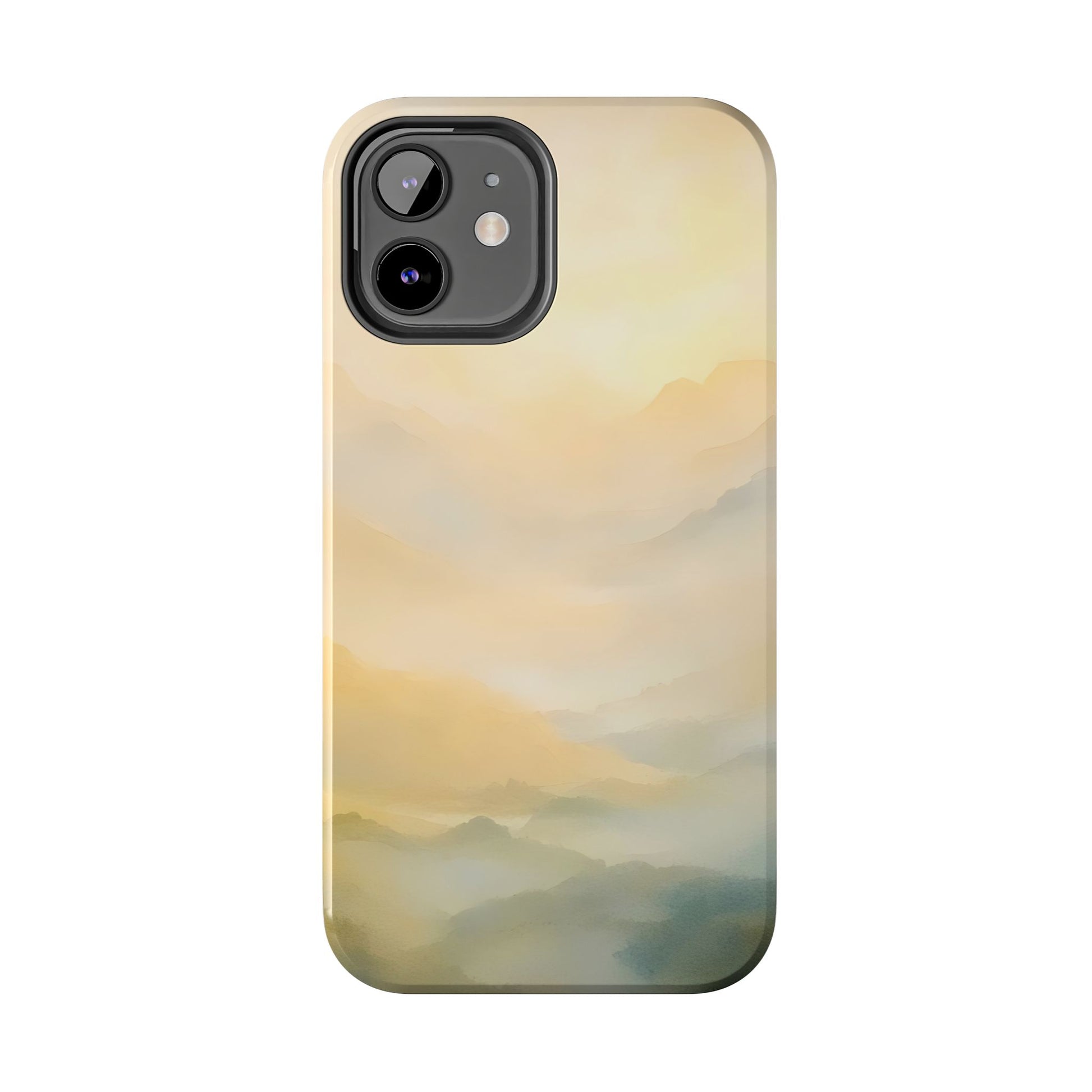 Phone case with soft watercolor mountain landscape in pastel yellow and blue tones