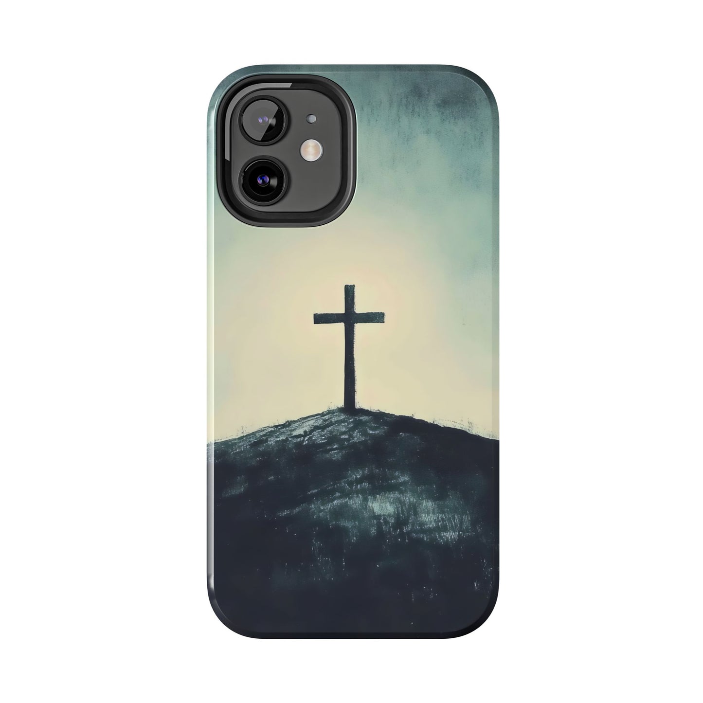 Christian cross on hill artwork phone case, faith-inspired minimalist design