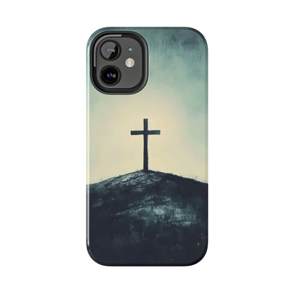 Christian cross on hill artwork phone case, faith-inspired minimalist design