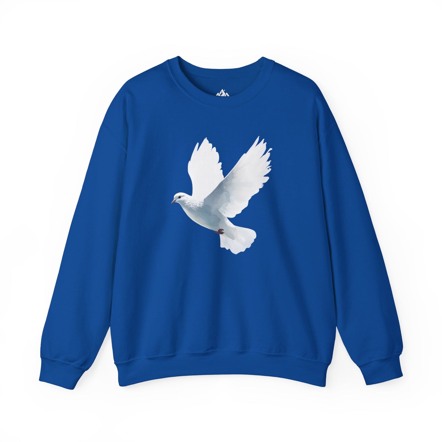 Blue sweatshirt with white dove graphic, Christian faith-inspired apparel