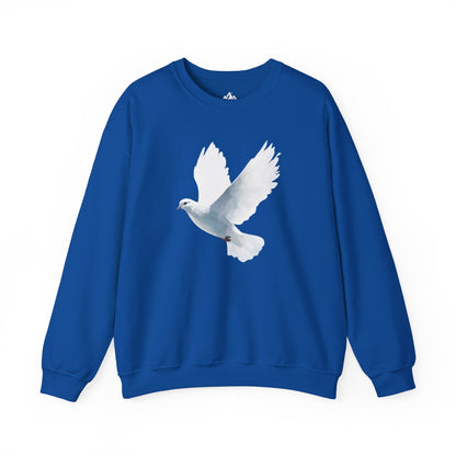 Blue sweatshirt with white dove graphic, Christian faith-inspired apparel