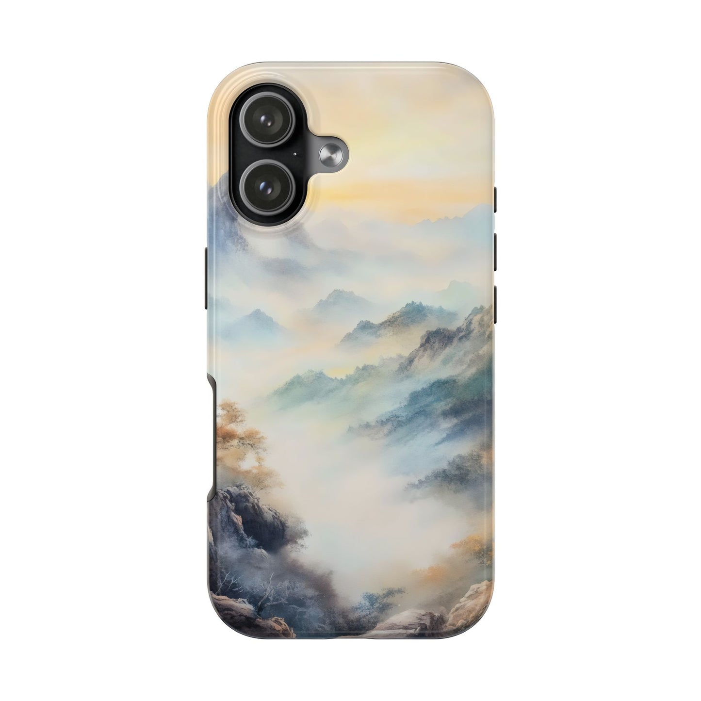 Phone case with serene misty mountain landscape, pastel spiritual art design
