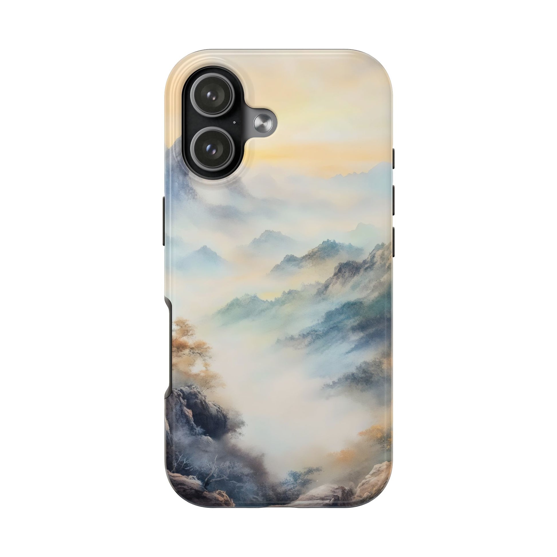 Phone case with serene misty mountain landscape, pastel spiritual art design