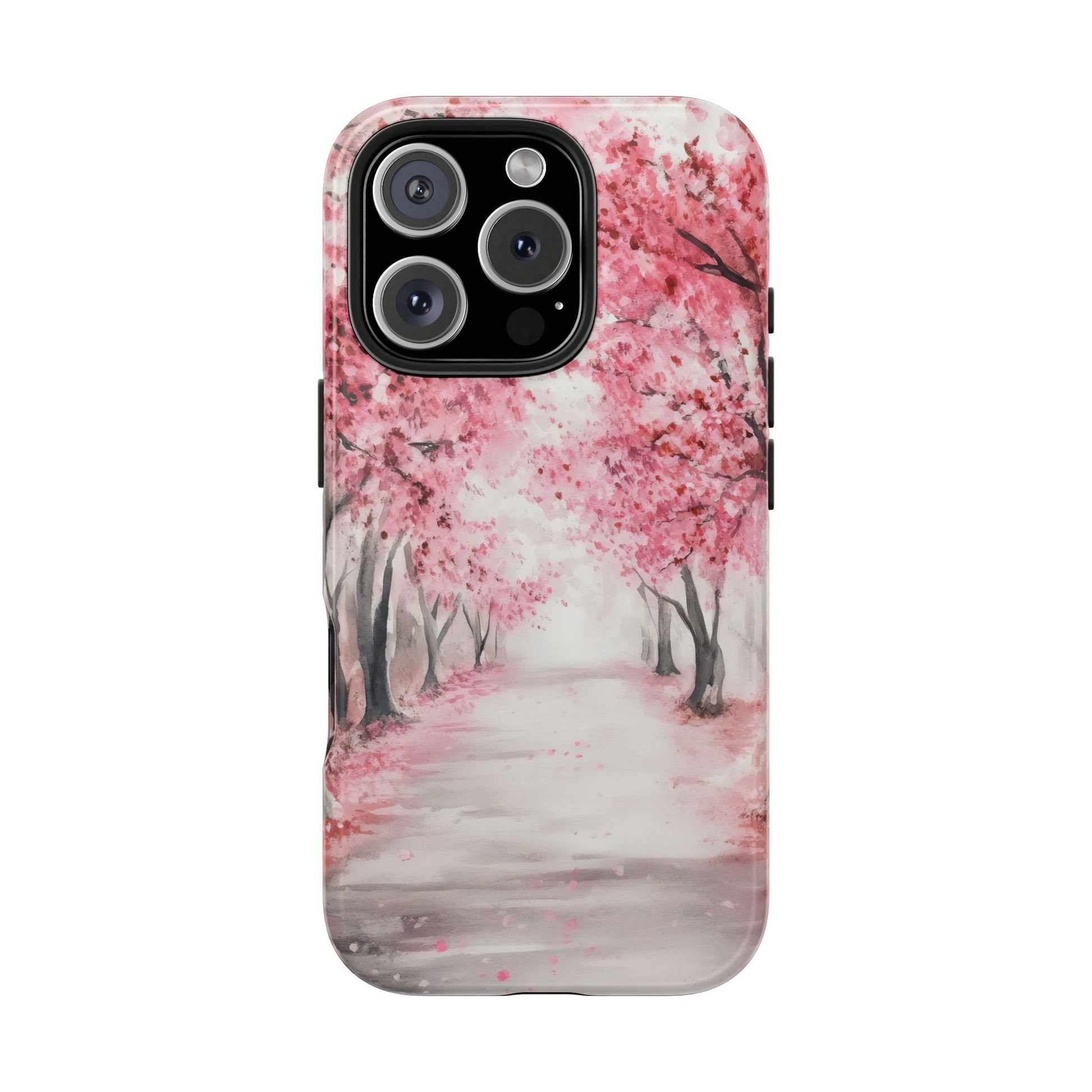 Phone case with watercolor pink cherry blossom trees on a serene pathway design