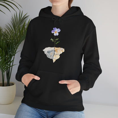 Woman wearing black hoodie with watercolor flower and rocks, Christian inspirational apparel