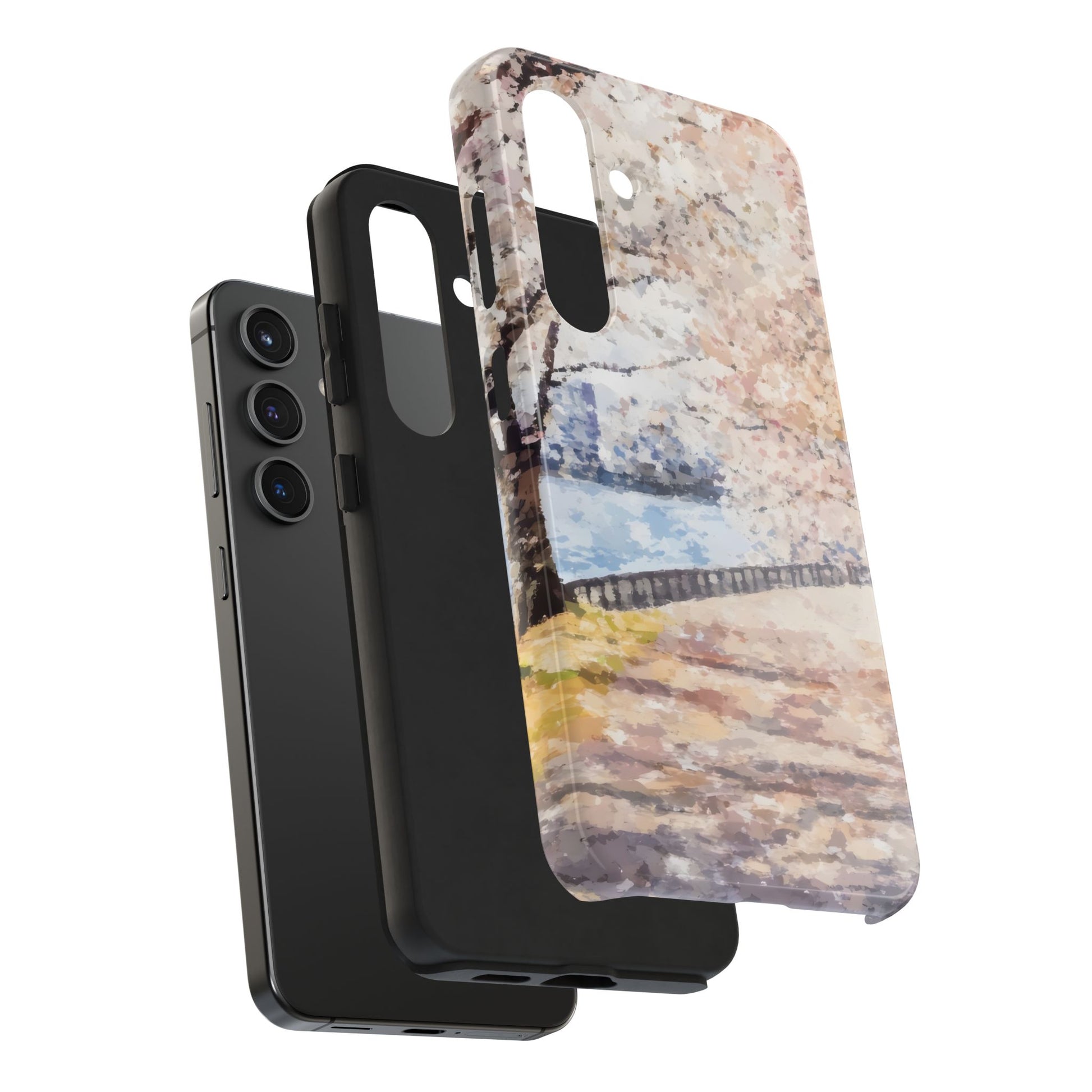Phone cases with a serene landscape design, featuring pastel colors and a nature scene.