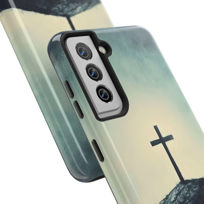 Christian phone case with cross on a hill and soft pastel background, faith-inspired design