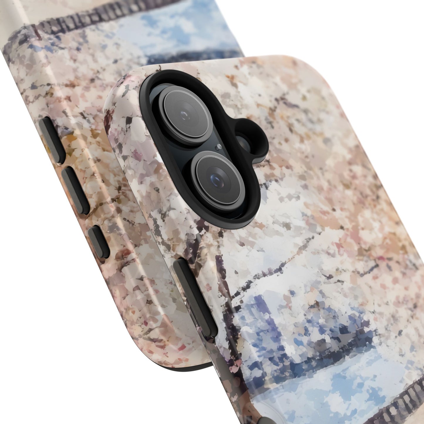 Floral abstract art phone case with pastel colors and protective buttons, close-up view.