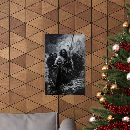 Christian wall art of Jesus calming the storm in a boat, displayed above a sofa near a Christmas tree.