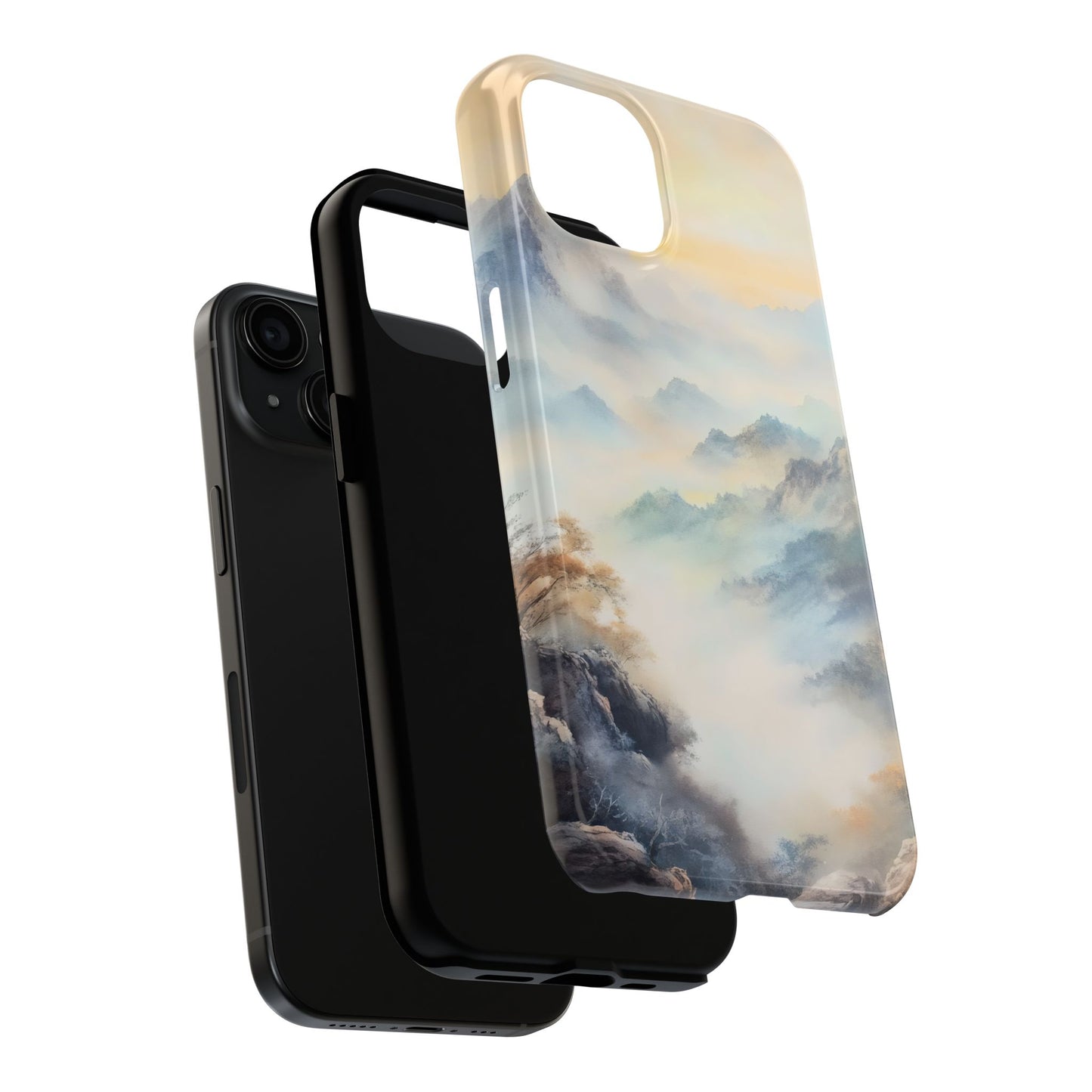 Phone case with serene mountain landscape design in soft pastel colors, fits modern smartphone
