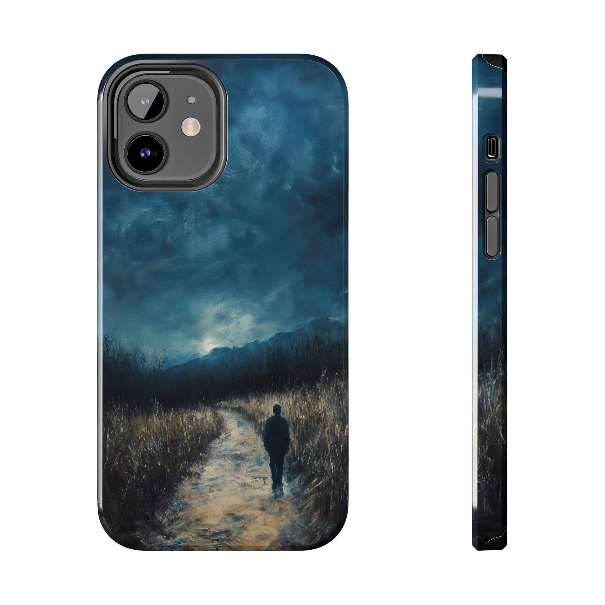 Christian phone case with silhouette walking down a peaceful path at dusk under cloudy sky