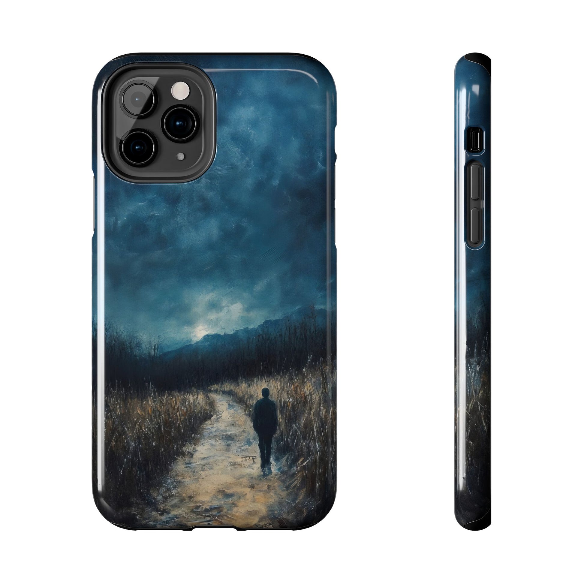 Christian phone case with a silhouette walking a serene path under a dramatic blue sky