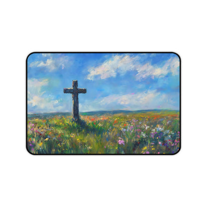Christian desk mat with a cross standing in a colorful wildflower field