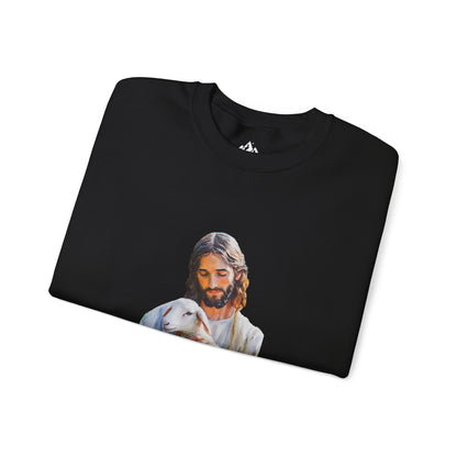 Black Christian sweatshirt with artwork of Jesus holding a lamb, faith-inspired apparel