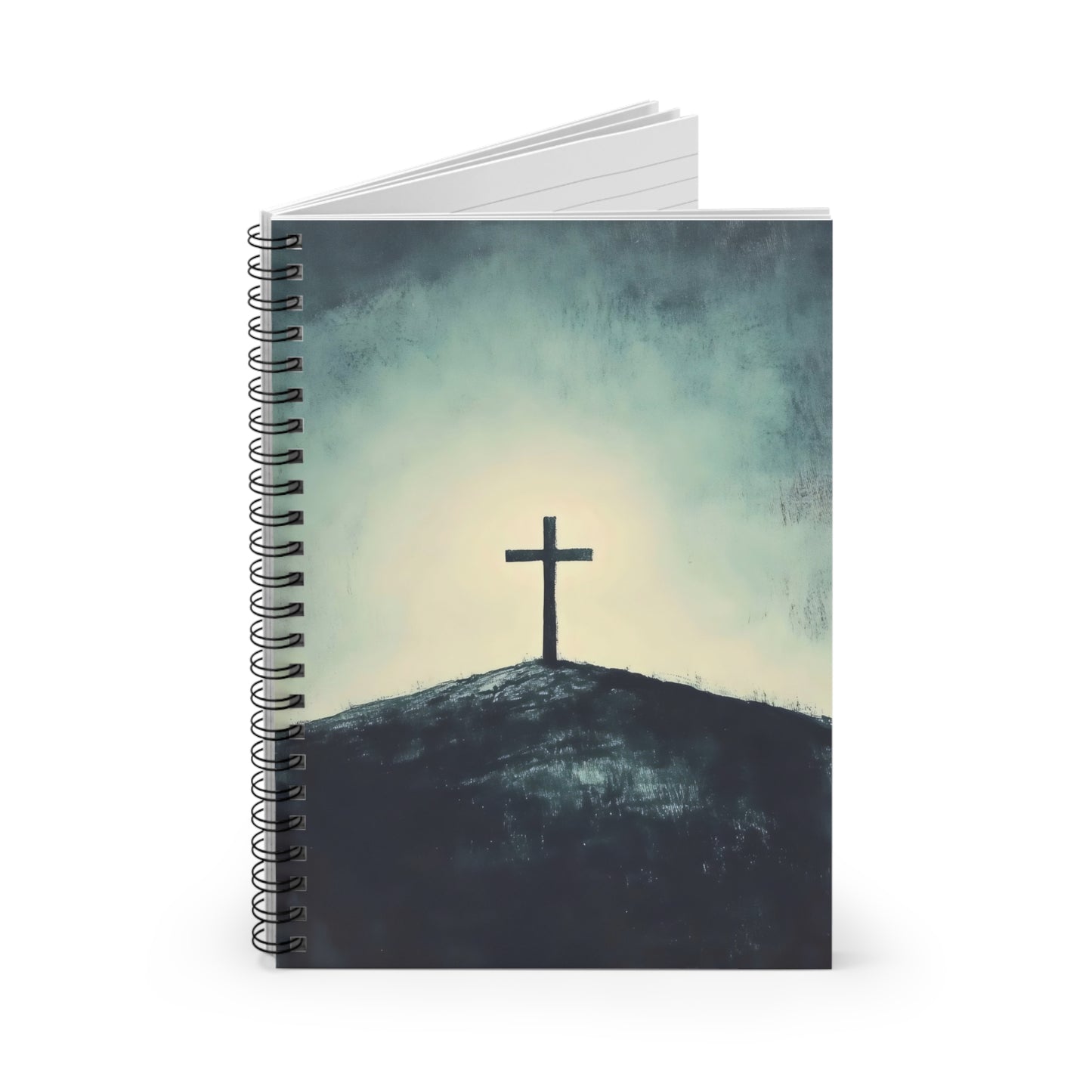 Spiral notebook with cross on hill, minimalist Christian art cover, spiritual journal