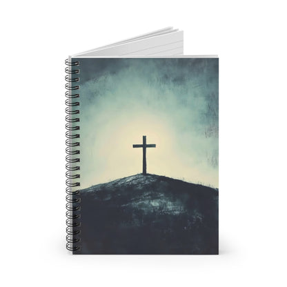 Spiral notebook with cross on hill, minimalist Christian art cover, spiritual journal