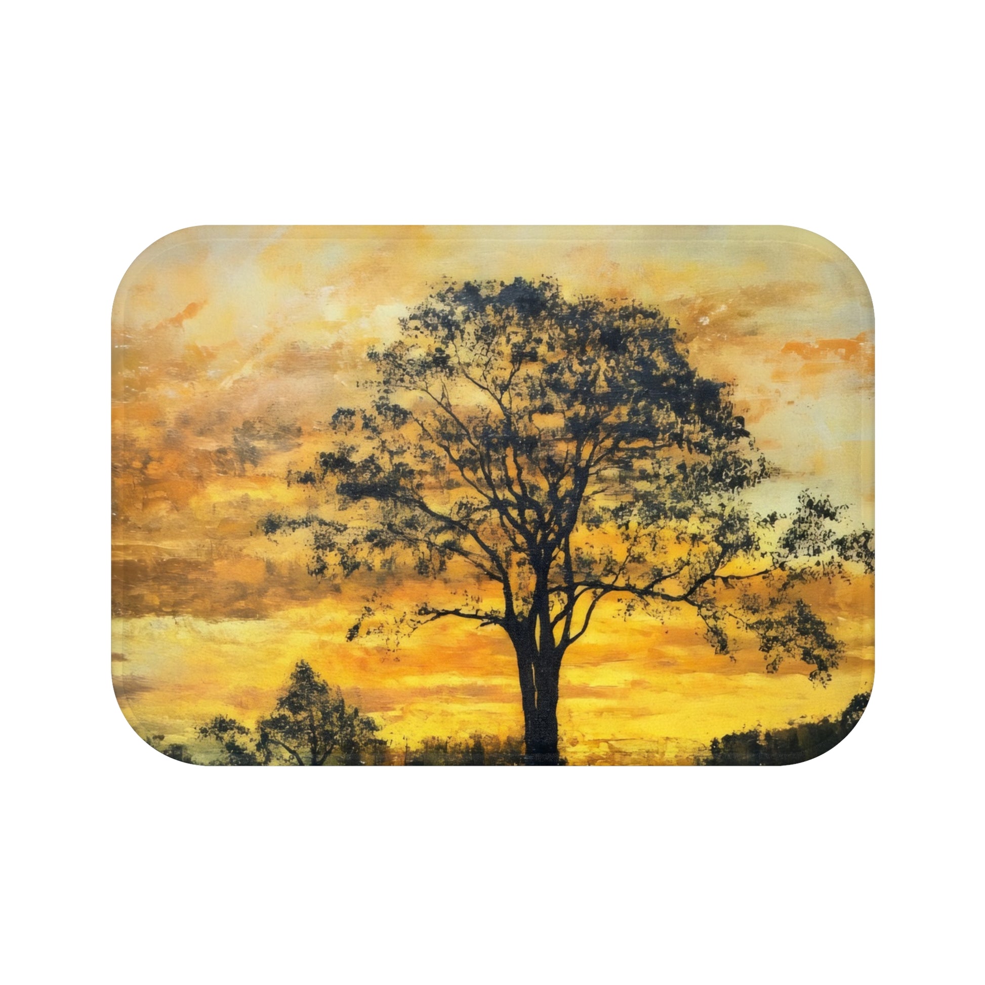 Christian wall art with silhouette tree against vibrant orange sunset sky