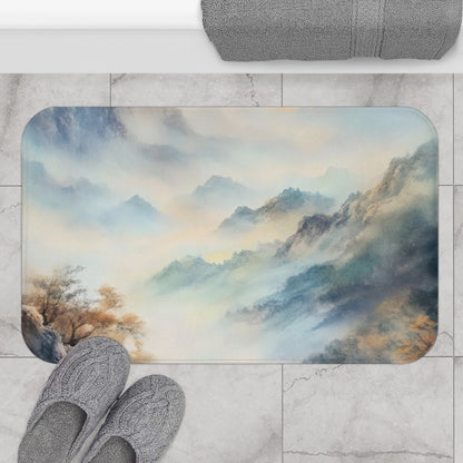 Bath mat with serene misty mountain landscape watercolor design on a marble bathroom floor